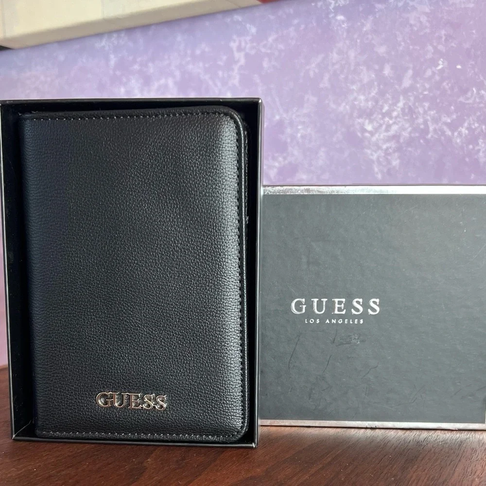 GUESS Black Pebble Leather Passport Cover